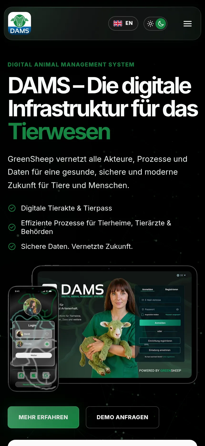 Webdesign Eberswalde: GreenSheep DAMS – Startseite in der Smartphone-Ansicht