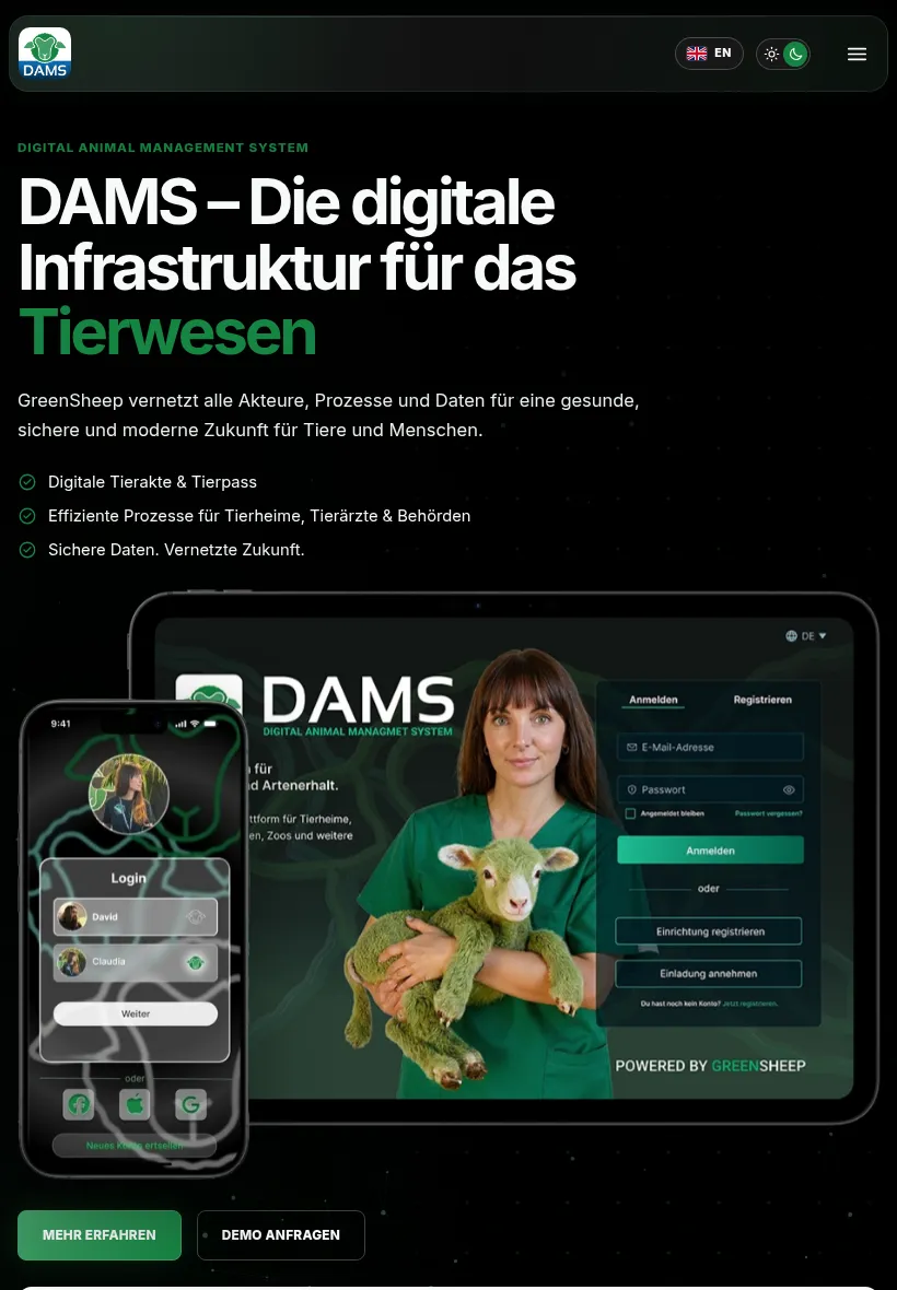 Webdesign Eberswalde: GreenSheep DAMS – Startseite in der Tablet-Ansicht