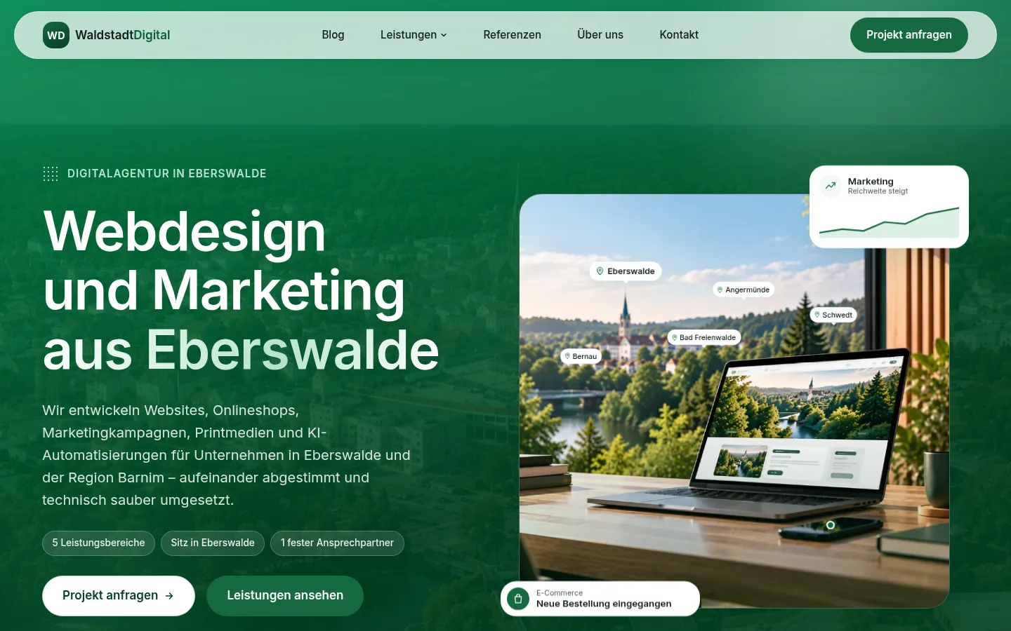 Webdesign Eberswalde: Waldstadt Digital – Startseite in der Desktop-Ansicht