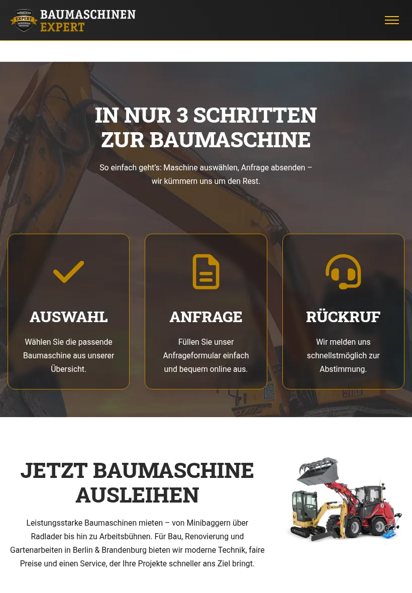 Webdesign Storkow: Baumaschinen Expert – Ablauf in der Tablet-Ansicht