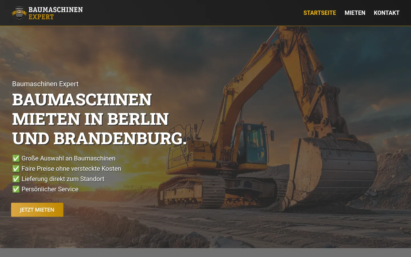 Webdesign Storkow: Baumaschinen Expert – Startseite in der Desktop-Ansicht